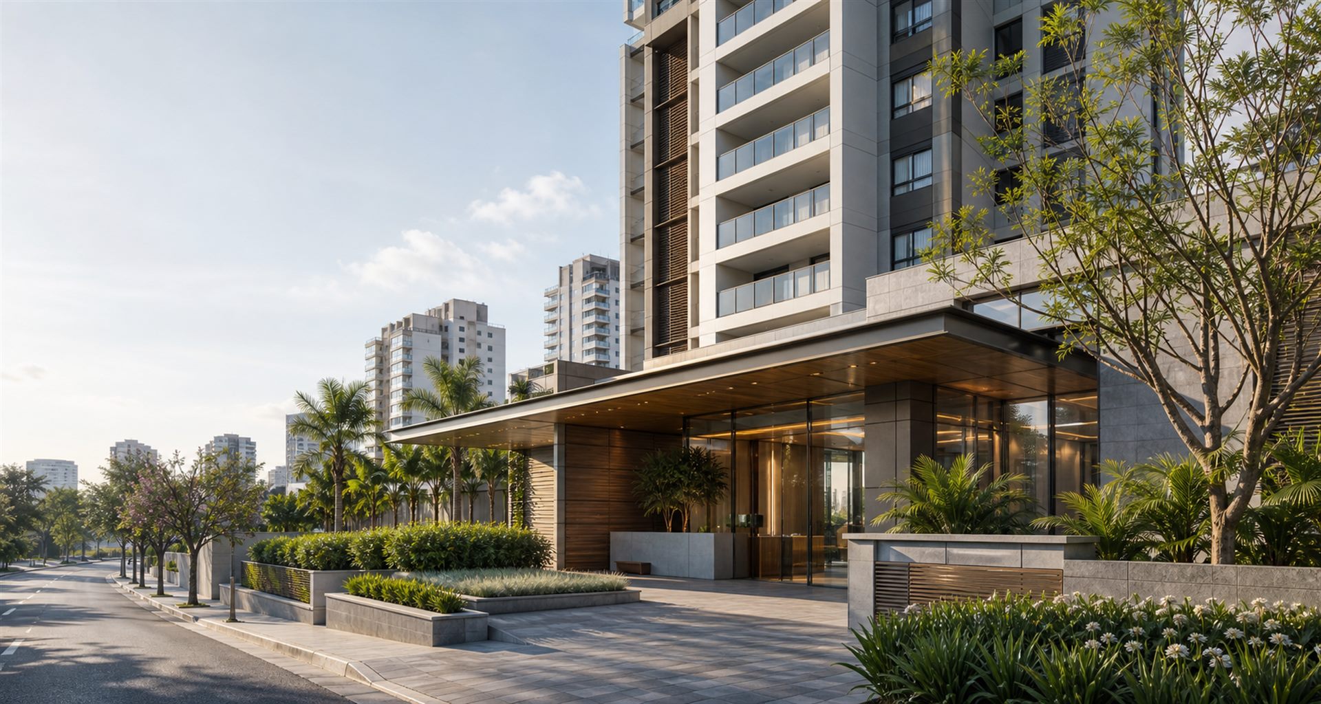 Condomínio residencial moderno com área de acesso arborizada